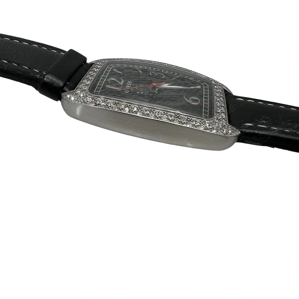 GUESS BLACK TANK WATCH w RECTANGLE FACE & PAVE CRYSTAL BEZEL & LEATHER STRAP